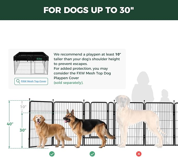 FXW Rollick Unleashed Dog Playpen for Indoor, Yard, RV Camping, 40 inch 32 Panels for Medium and Large Dogs, Black│Patented