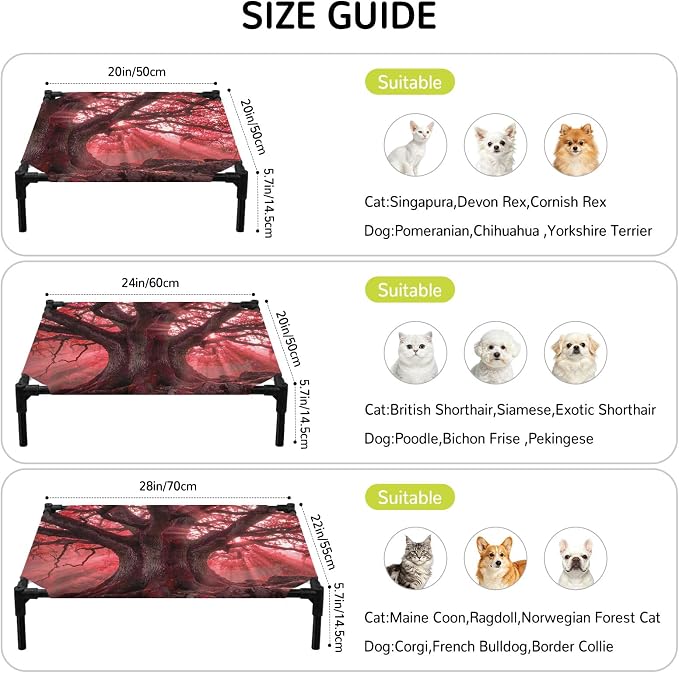 Outdoor Elevated Dog Bed for Large Dogs, Red Trees Breathable Cooling Raised Dog Cot for Indoor/Outdoor, Country Forest Branches Nature Light View Waterproof Elevated Pet Beds, L 28 x 22 in