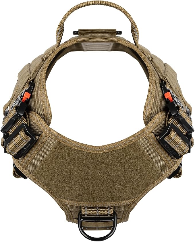ICEFANG Tactical Dog Harness for X-Large Dogs,Full Metal Buckles Dog Vest | with MOLLE, Reflective,Adjustable,2 Leash Clips,Control Handle,No Pull,Soft Padded,Brown,X-Large