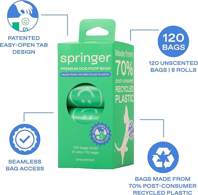 Springer Premium Poop Bags for Dogs, 120 Count, Unscented, Leak Proof and Thick Waste Bag Refill Rolls, Made from Recycled Plastic with Easy to Open Tab