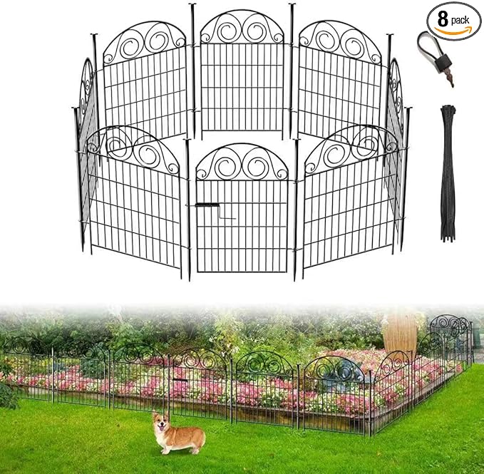 Getlay Tall Garden Fence Animal Barrier with Gate, 40 in(H) 8 Panels Garden Fences and Borders for Dogs, Dog Fence Outdoor for Yard, Total Length 17.5 Ft Metal Temporary Fencing│Patented