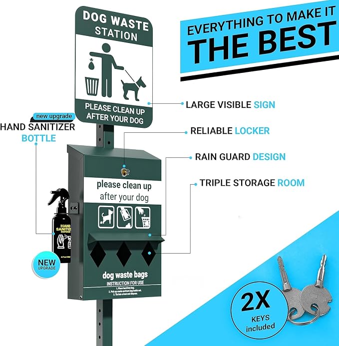 Flash Furniture Mini Pet Waste Station, 600 Bags, Green | Glow in the Dark Sign, Roll Waste Bag Dispenser, Hand Sanitizer