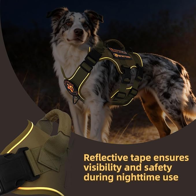 Reflective Tactical Dog Harness with AirTag Holder&3 Pet Patches, Khaki M | Heavy Duty No Pull Dog Harness, Adjustable Dog Harness, Two Handles, Breathable Mesh Padding, Resists Dirt and Stay Clean