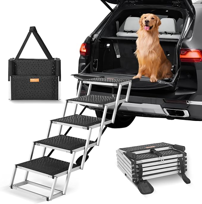 VEVOR Dog Stairs for Car Wide 5-Steps,Folding Dog Car Ramp with Nonslip Surface, Portable Pet Steps Lightweight Aluminum for Car, SUV and Truck, Supports up to 150 lbs