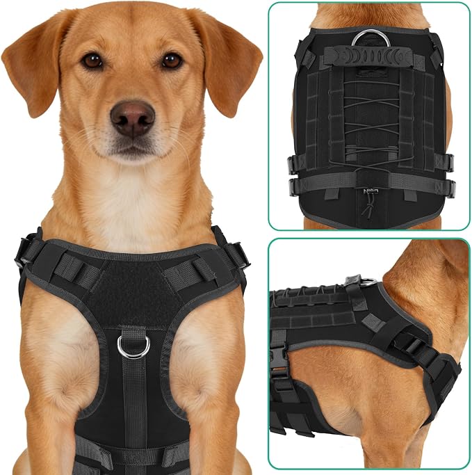 YooxArmor No Pull Dog Harness and Leash Set, Tactical Adjustable for Large Dog, Easy Walk Soft Vest Padded Oxford for Training Hiking (Black-L)