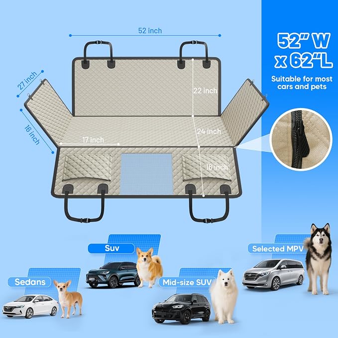 Dog Car Seat Cover for Back Seat,Hard Bottom Hammock Hold 400lbs For Cars | Khaki,Waterproof,Anti-Scratching,Safety Non-Slip,600D Oxford,Mesh Window,Storage Pocket,for Cars/SUV/ Sedans/MPV