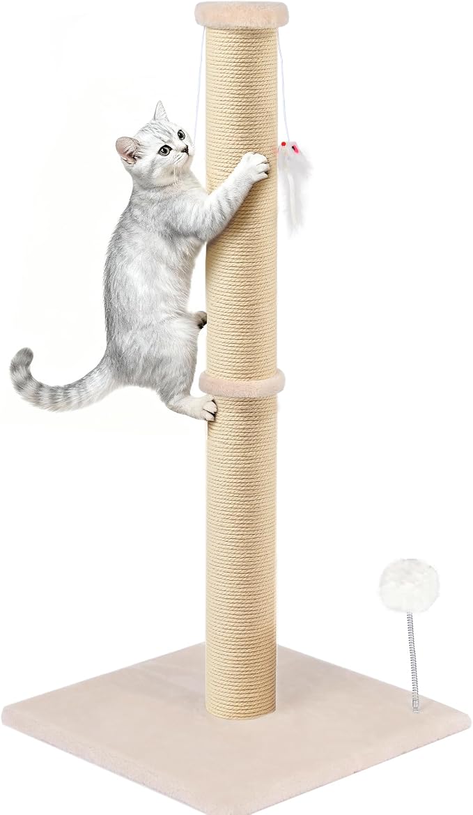 36 Inch Tall Cat Sisal Scratching Post for Indoor Cats, Beige | Natural Sisal, Sturdy Base, Interactive Toys, Full Stretch, Furniture Scratching Redirect, For Kittens and Adult Cats