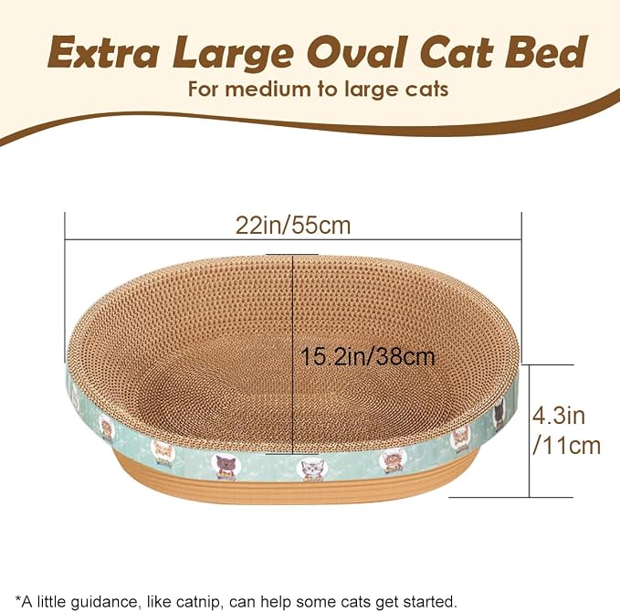 Extra Large Cat Scratcher Bed, 21.6" x 14.9" x 4.3" XL XXL Cat Scratch Cardboard, Scratching Board Pad for Indoor Cats Kitty Kittens, Scratch Lounge House Couch, Furniture Protector, Oval