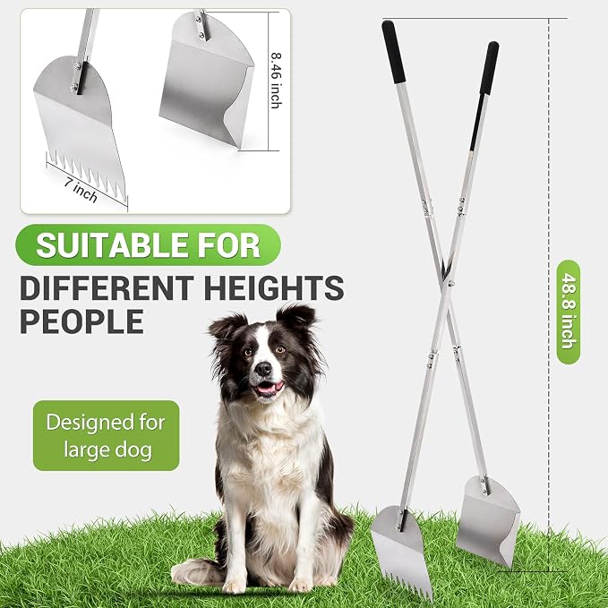 AugFir Lightweight Stainless Steel 48" Pooper Scooper for Large Dogs, Heavy Duty Dog Pooper Scooper Large Opening Long Handle for Pet Waste Removal, Grass, Dirt, Gravel,Yard, Indoor, Outdoor