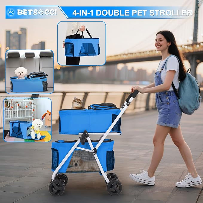 Double Dog Stroller with 2 Detachable Carrier, Portable Pet Stroller for Small Dogs & Cats Folding Lightweight Puppy Travel Carriage, 4 Wheels, Azure