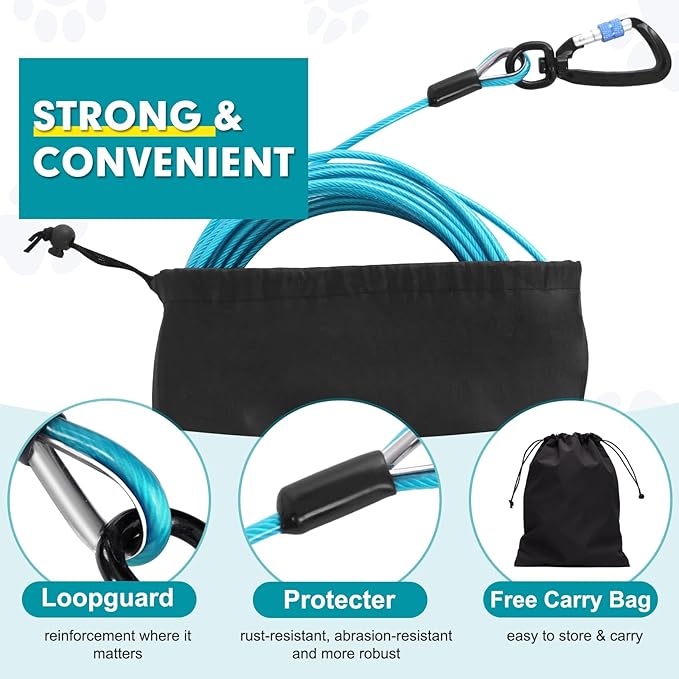 Snagle Paw Dog Lead Cable 20FT,Heavy Duty Outside Dog Leash Cable with Shock Absorbing Spring & Swivel Hook,Dog Tether for Yard,Dog Line for Small Large Dogs,Withstand 1000LBS Break Strength
