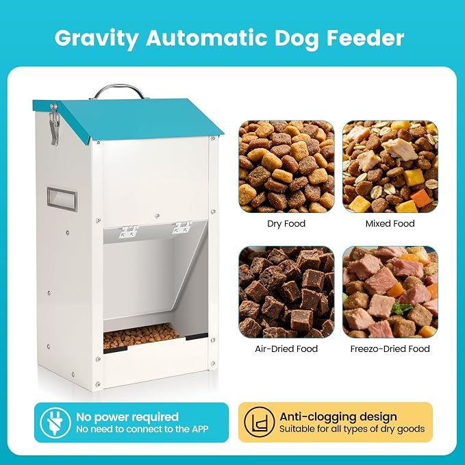 Automatic Dog Feeder Large Breed, Galvanized Dog Dry Food Dispenser | 15lbs Wall Mountable Gravity Pet Food Station Auto Feeder Self Feeding with Clear Door for Puppy, Dog, Cat Outdoor Indoor