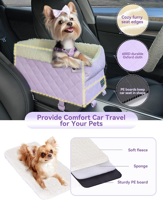 PETSFIT Cat Car Seat with Dual Adjustable Seat-Rail Anchor Hooks | Anti-Collapse Leather Dog Console Car Seat with Safety Tether, Washable Cushion, Soft Pillow for Pets Under 8 lbs, Purple