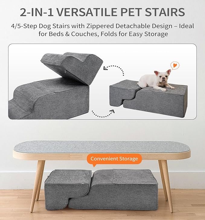 Made4Pets Dog Stairs Ramp for Bed 19.7" H, 4-Step Dog Steps for High Bed Couch Sofa Climbing, 35D Foam Pet Steps for Small Dogs and Cats, Non-Slip Bottom Pet Stairs, Grey