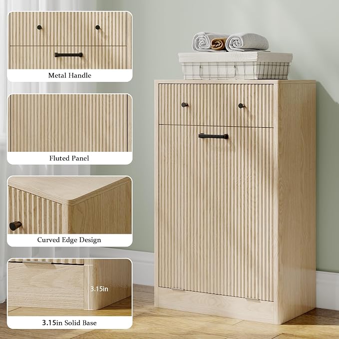 10 Gallon Tilt Out Trash Can Cabinet with Drawer - Modern Fluted Hidden Garbage Bin Holder, Curved Edge Wooden Laundry Hamper Cabinet, Natural Oak