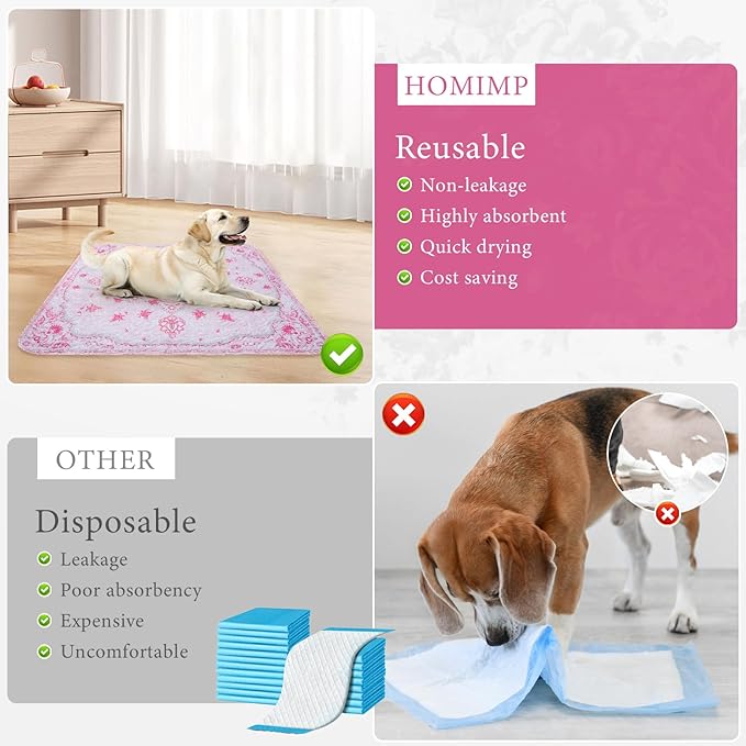 Homimp Washable Pee Pads for Dogs, 2 Pack Reusable Puppy Pads Waterproof, Absorbent and Leakproof Dog Pee Pads, Non Slip Puppy Training Pads, Pet Mat for Floor,Crate,Couch,Whelping,Pink, 24"x36"