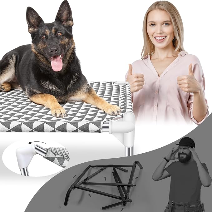 Kuntrust Elevated Outdoor Dog Bed, Large Size, Fits up to 100lbs | Breathable Fabric, Dual-Layer Cotton, Stainless Steel Frame, Anti-Slip Feet