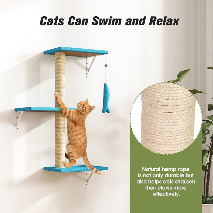 5 Pcs Wall-Mounted Climber Set, Wood Indoor with Shelves and Perches, Ladder, Condo House, Scratching Board and Tree, Wall Shelves Furniture for Cats (Ocean Blue)