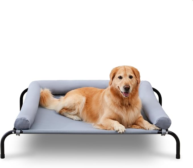 Cooling Elevated Dog Bed with Pillows,Portable Washable Raised Dog Cot with Chew Proof Mesh and Metal Frame,No-Slip Rubber Feet for Indoor & Outdoor Use,XLarge,Gray