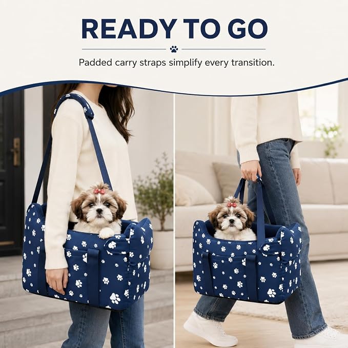Dog Car Seat for Small Dogs 5-15 lbs, Navy Blue | Center Console Puppy Booster and Portable Travel Bed, Anti-Collapse Design with Washable Fluffy Cushion