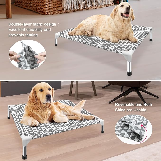 Kuntrust Elevated Outdoor Dog Bed, Medium Size, Cotton Material, Non-Slip Feet, Fits up to 70lbs | Breathable Fabric, Dual-Layer Cotton, Stainless Steel Frame, Anti-Slip Feet