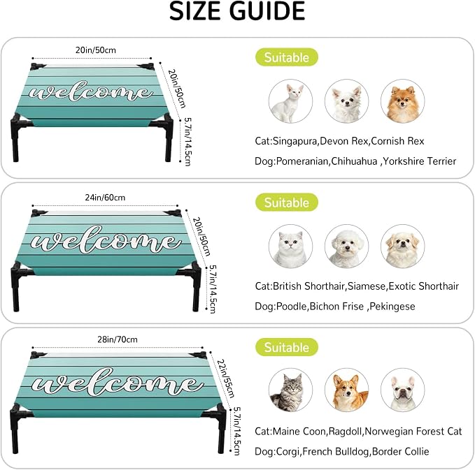 Outdoor Elevated Dog Bed for Medium Dogs, Teal Green Wooden Grain Breathable Cooling Raised Dog Cot for Indoor/Outdoor, Gradient Farmhouse Wood Plank Waterproof Elevated Pet Beds, M 24 x 20 in