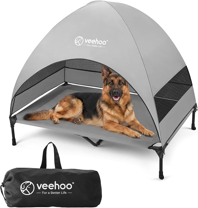Veehoo Outdoor Dog Bed with Canopy, Cooling Elevated Dog Shade for Outside | Portable Raised Dog Cot with Removable Shade, Sun Protection Dog Tent Outdoor for Camping, Beach, 49" x 43.5", Grey