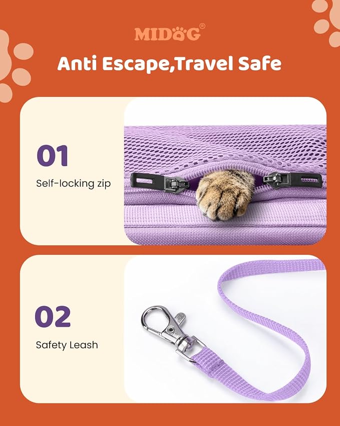 MIDOG Cat Carrier Soft for Small-Medium Cats Up to 15lbs, Airline Approved | Expandable Square Design,Comfort & Breathable Window,Equipped with anti-slip lock zippers and an internal safety leash