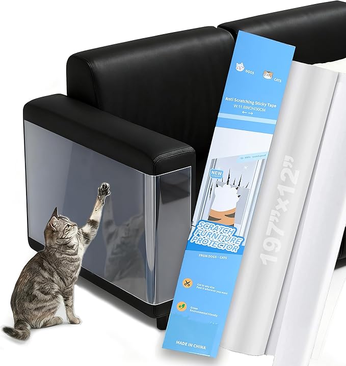 Anti Cat Scratch Furniture Protector Tape Damage-Free Couch Guard, 197"x12" | clear,strong adhesive,flexible,easy to apply,easy to remove,pins-free,residue-free,long-term use,massive coverage,non-toxic