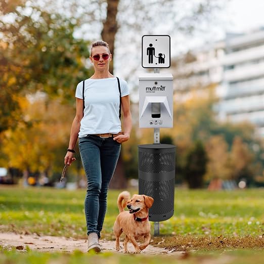 Mutt Mitt® Aluminum Dog Waste Station - Gloss White/Black | Singles | Complete aluminum station with 400 header bags, 25 liners, 12-gal can, locking dispenser, post & hardware included