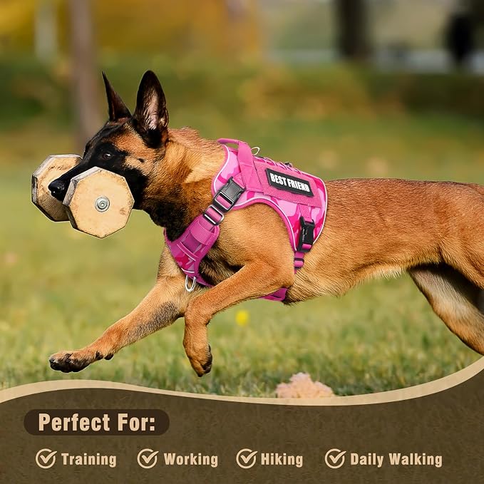 Tactical Dog Harness for Large Dogs,No Pull Military Dog Vest with Easy Control Handle&Molle,Reflective Heavy Duty Pet Harness for K9 Working Hiking Training Daily Walking Camo Pink XL