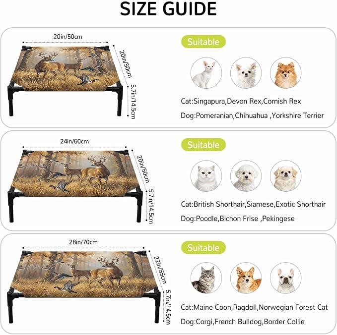 Outdoor Elevated Dog Bed for Medium Dogs, Brown Deer Birds Breathable Cooling Raised Dog Cot for Indoor/Outdoor, Autumn Forest Trees Grass Natural Scenery Waterproof Elevated Pet Beds, M 24 x 20 in