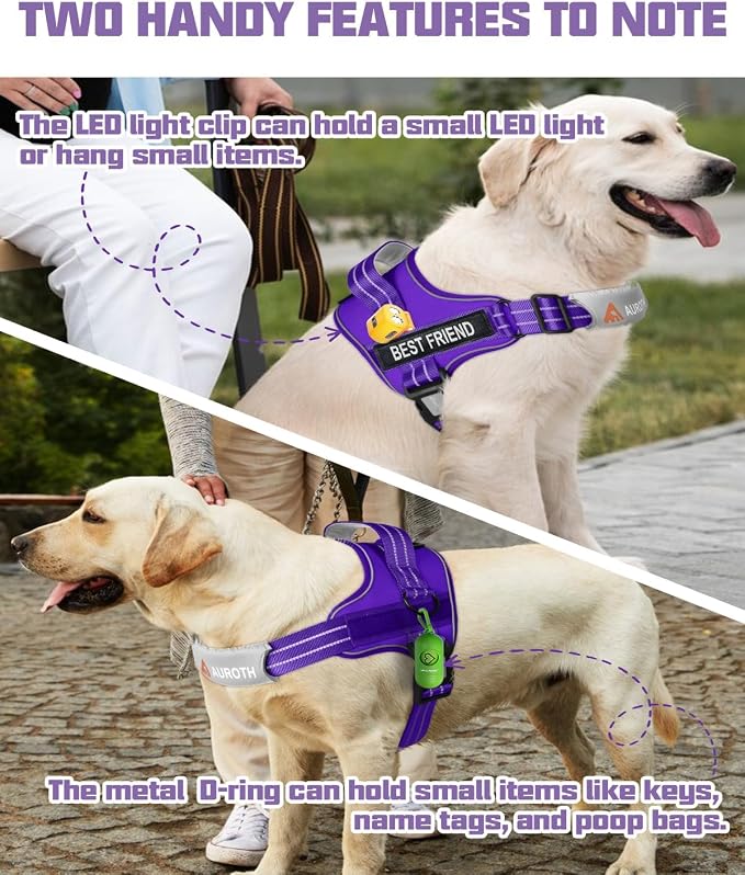 AUROTH Dog Harness and Leash Set for Large Sized Dog, No Pull Dog Vest | with Leash Clips, LED light clip, Soft Padded No Choke, Escape Proof, Easy Walking and Training, Purple, XL