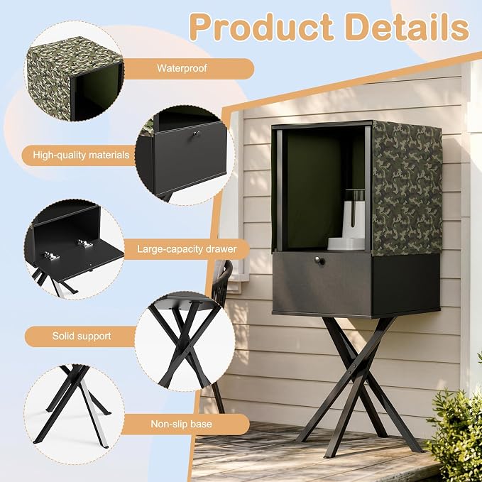 PAKASEPT Outdoor Cat Feeding Station with Camouflage Cover, Weatherproof Elevated Cat Feeder Shelter with Stand, Dog/Raccoon Proof Cat Food Storage Cabinet for Outside Feral Cats