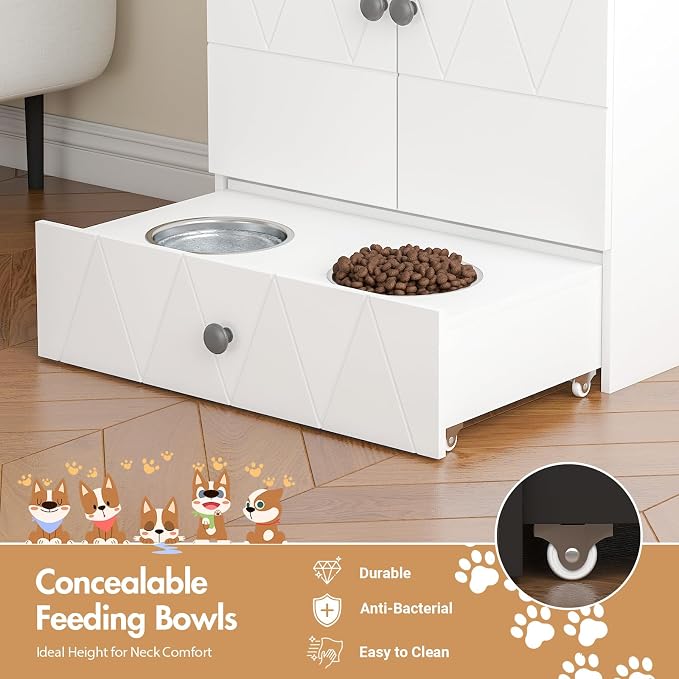 Pet Feeding Station with Storage, Raised Dog Bowls, Pet Feeder Cabinet, with Adjustable Shelves, Rolling Drawer, Hooks, for Feeding & Watering Supplies (Light)