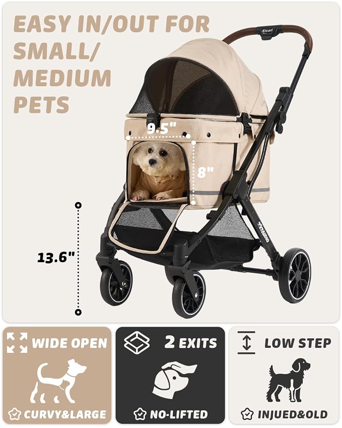 797Audio Dog Stroller for Small Medium Dogs,Pet Stroller for Cats Puppy Up to 121lbs,Foldable,One Click Folding,4 Wheel Shock Absorption,Adjustable Canopy with Sun Shades,Removable Washable Pad(Cream)