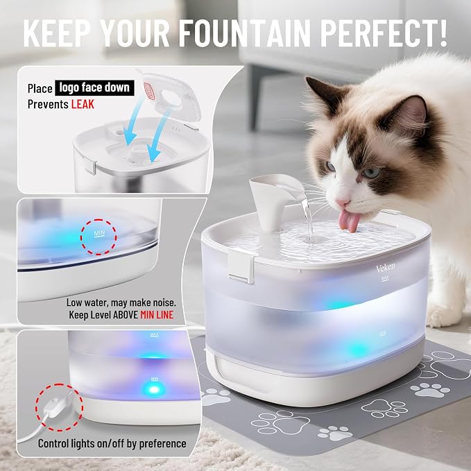 Veken Cat Water Fountain with Detachable Tank & Secure Clips, Easy to Clean & Assemble, 85oz/2.5L Pet Drinking Dispenser with Quiet Operation & LED Light, Cats, Dogs and Small Pets, White