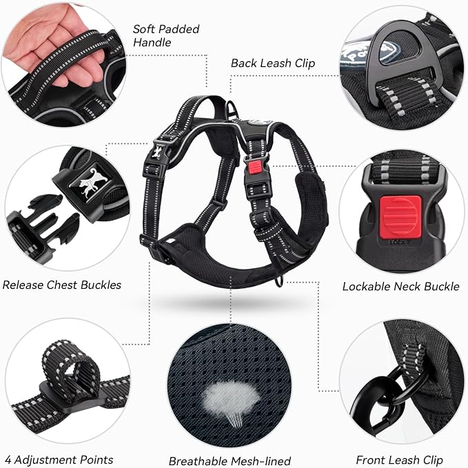 PoyPet No Pull Dog Harness Medium with Front Clip & Neck Release Buckle | No Choke, Adjustable Vest, Reflective, Back Clip, Lockable, Soft Padded, Easy Control Handle for Walking Training, M, Black