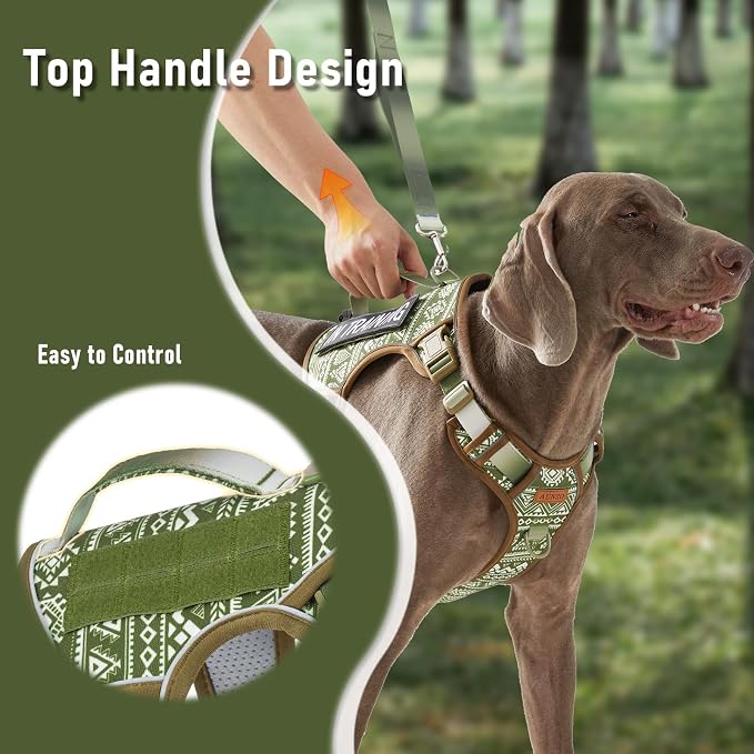 AUNZO Green Dog Harness for X-Large Dog Breeds, No Pull Adjustable Pet Harness with Handle, Reflective K9 Military Service Dog Vest for Walking Hiking Training, Green Ethnic, XL