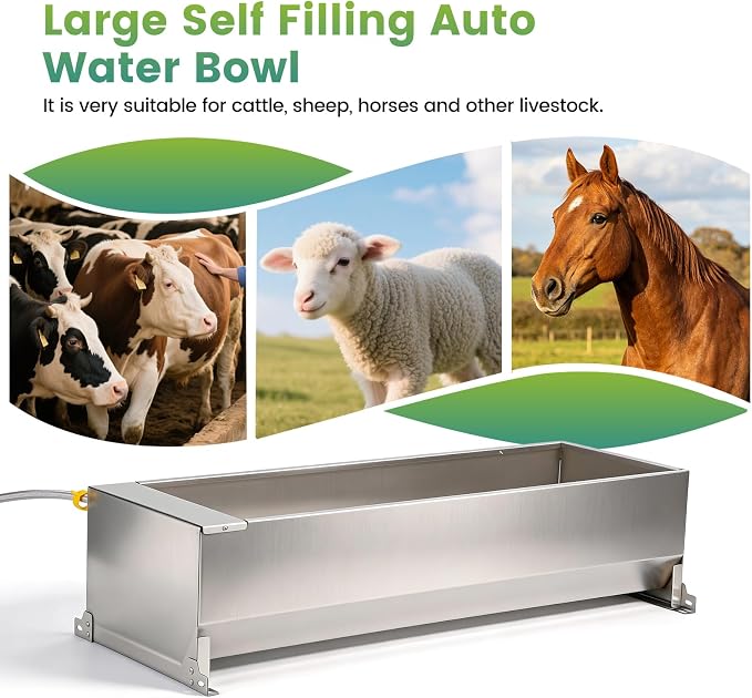 12Gal Automatic Livestock Water Trough, Stainless Steel Auto Dog Water Bowl Dispenser with Float Valve Kit, Self Filling Livestock Waterer Outdoor Extra Large Bowl for Dog Horse Goat Cow