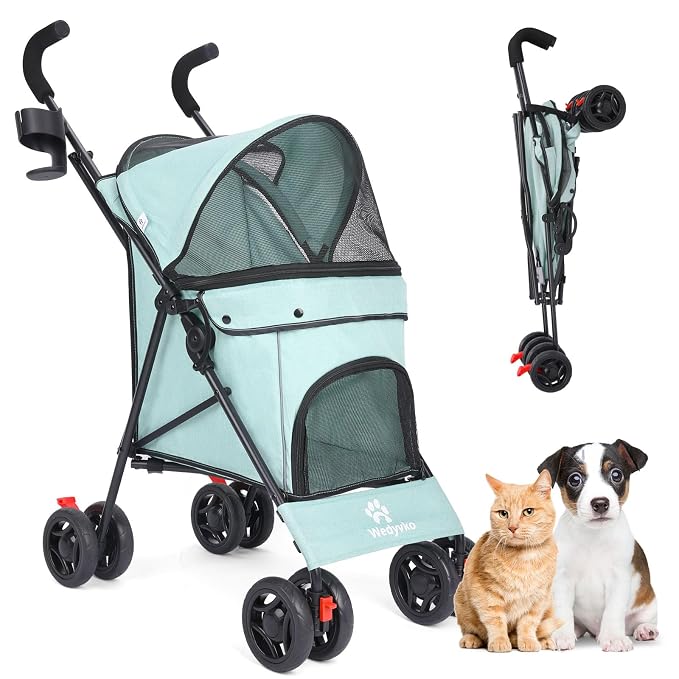 Pet Stroller for Small Dogs Medium Dogs 33lbs, Dog Pram Ultra Light - only 3.5 kg, Dog Stroller Pet Pram with 4 Wheel Foldable/Storage Basket/Cup Holder-P07 (Bluish Green)