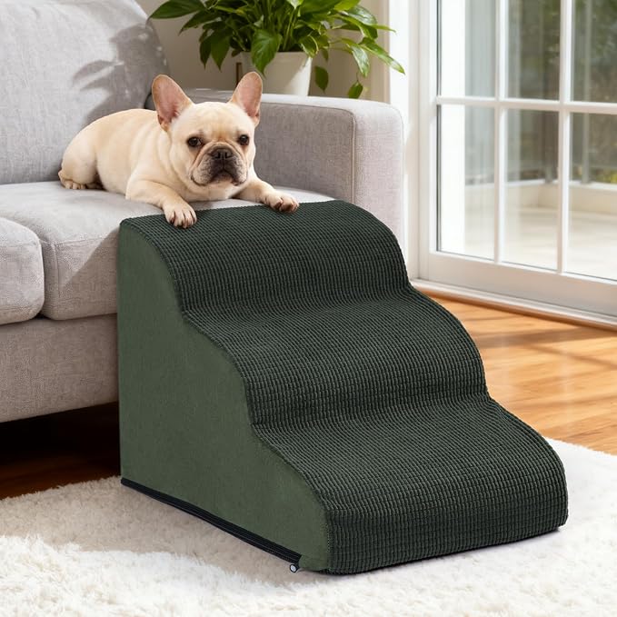 Aodisman Dog Stairs for Small Dogs and Cats,3-Step Pet Ramp for Couch,Chair | 15.7" H Non-Slip Sturdy Dog Steps with Curved Ramp for Senior,Short-Legged Dogs,Puppy and Cats to Reach Sofa or Chair,Green