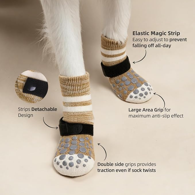 PUPTECK Anti-Slip Dog Socks with Double Sides for Small Medium Large Dogs Hardwood Floors Prevents Licking, Dog Shoes for Hot Pavement Traction Control Paw Protector for Senior Dogs, Striped Khaki XL