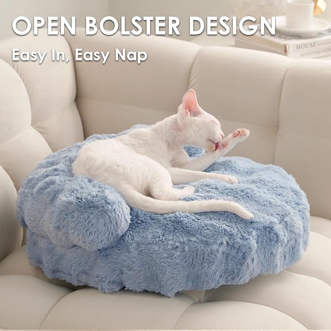 EHEYCIGA Soft Cat Couch Bed for Indoor Cats, Fluffy Small Dog Bed with Removable Washable Cover, Bolster Pet Sofa, Waterproof and Non-Slip, 23" x 23"x 7", Blue
