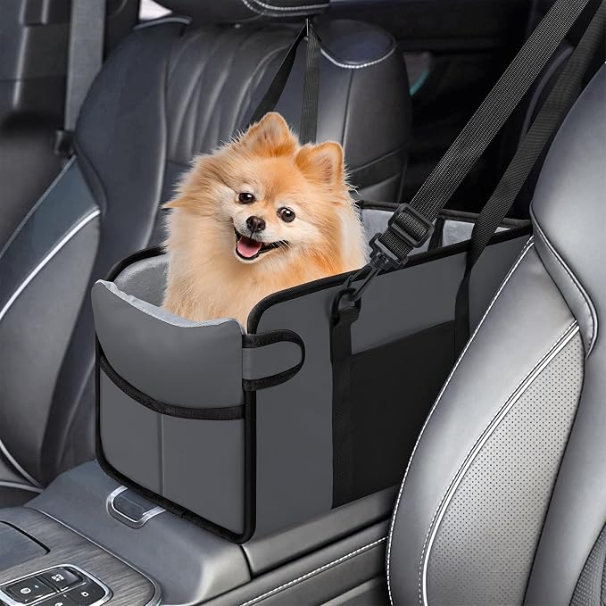 Portable Dog Car Seat for Small Dogs, Puppy Car Seat, Grey | Booster Seat With Safety Leash & Adjustable Straps Keeps Small Dogs Secure. Removable Washable Cushion. Fits Most Cars.