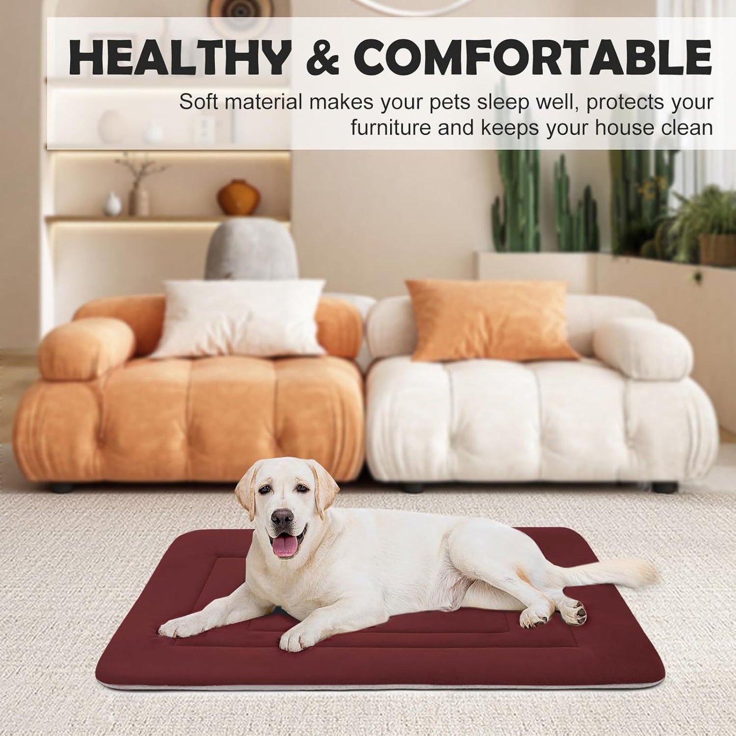 JoicyCo Dog Crate Bed Pad Mat, 48 in Non Slip Bottom Washable Kennel Pad for Extra Large Dogs, Dark Red