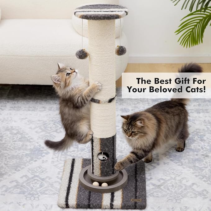 Woochpet Cat Scratching Post 34 Inch Tall Heavy Duty Sisal Scratcher with Interactive Track Mouse Toy Condo Top Jingle Balls for Indoor Kittens,Grey