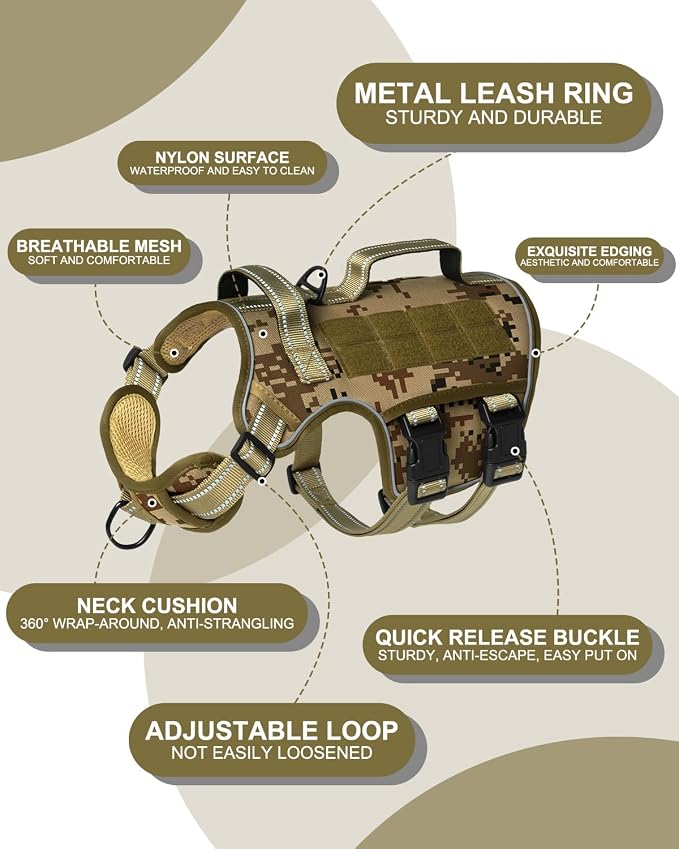 Dog Harness Medium Sized Dog, No Pull Dog Vest with Molle System | Tactical, Easy Control With Handle, Breathable Soft Padded, Adjustable, Reflective, No Choke for Walking, Desert Camo Medium