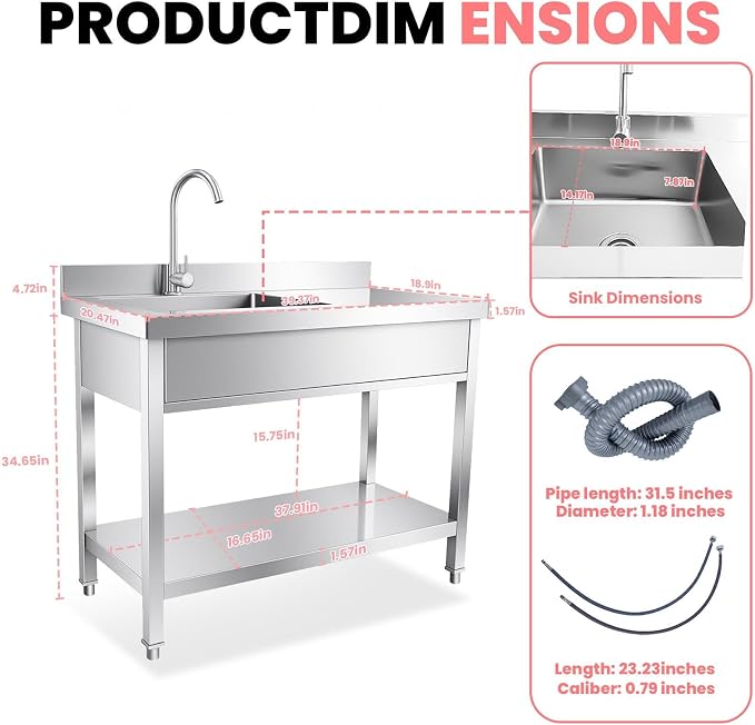 304 Utility Sink, Stainless Work Prep Table, Slop Tub for Garden, Chef