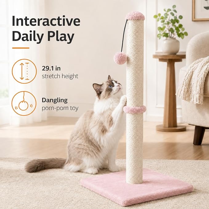 Dimaka Tall Cat Scratching Post, Claw Scratcher with Sisal Rope and Covered with Soft Smooth Plush, Vertical Scratch [Full Strectch] for Standard Size Cats (Pink, 29 inches for All Cats)